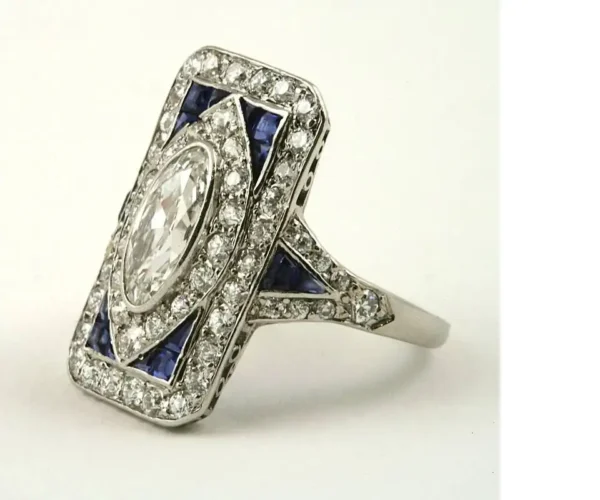 1920's Art Deco Diamond Sapphire and Platinum Plaque Ring - Image 2