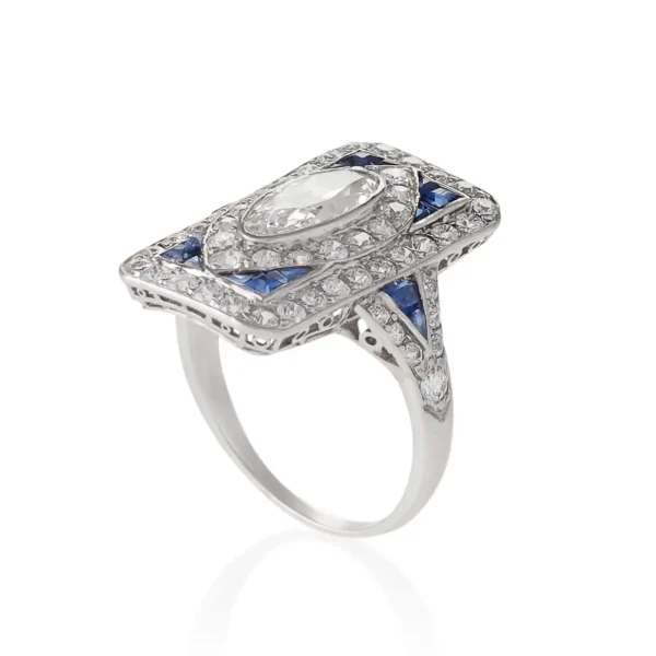 1920's Art Deco Diamond Sapphire and Platinum Plaque Ring - Image 3