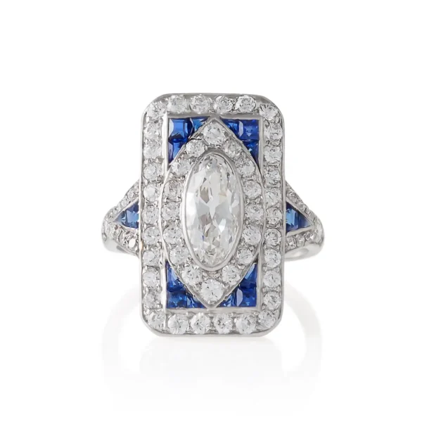 1920's Art Deco Diamond Sapphire and Platinum Plaque Ring - Image 6