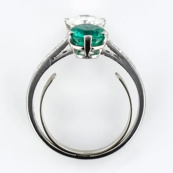 1930s French Platinum Art Deco Emerald Diamond "You and Me" Ring - Image 15