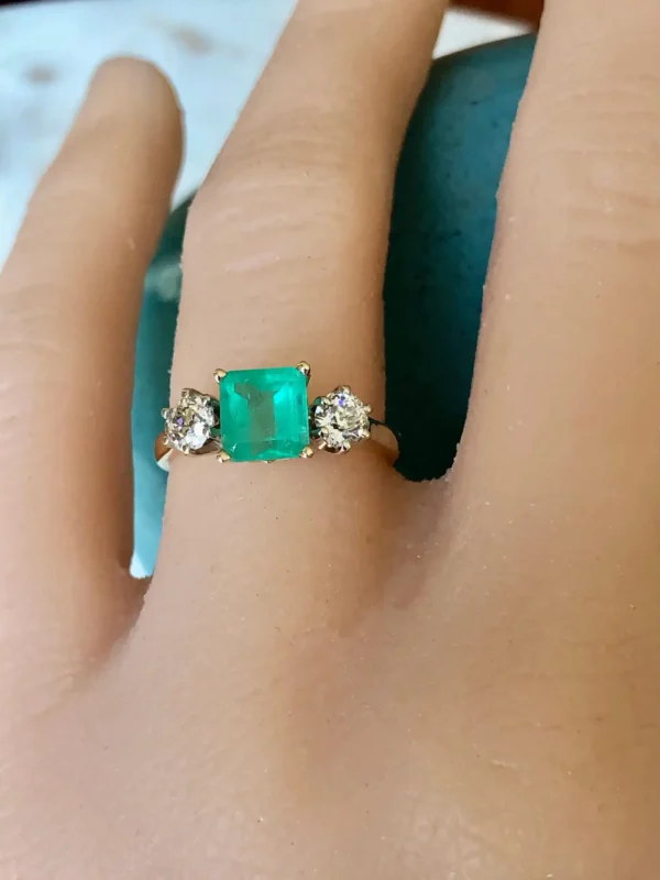 2.33 Carat Natural Colombian Emerald Old European Diamond Engagement Ring Gold - Image 8