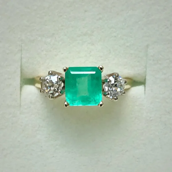 2.33 Carat Natural Colombian Emerald Old European Diamond Engagement Ring Gold - Image 2