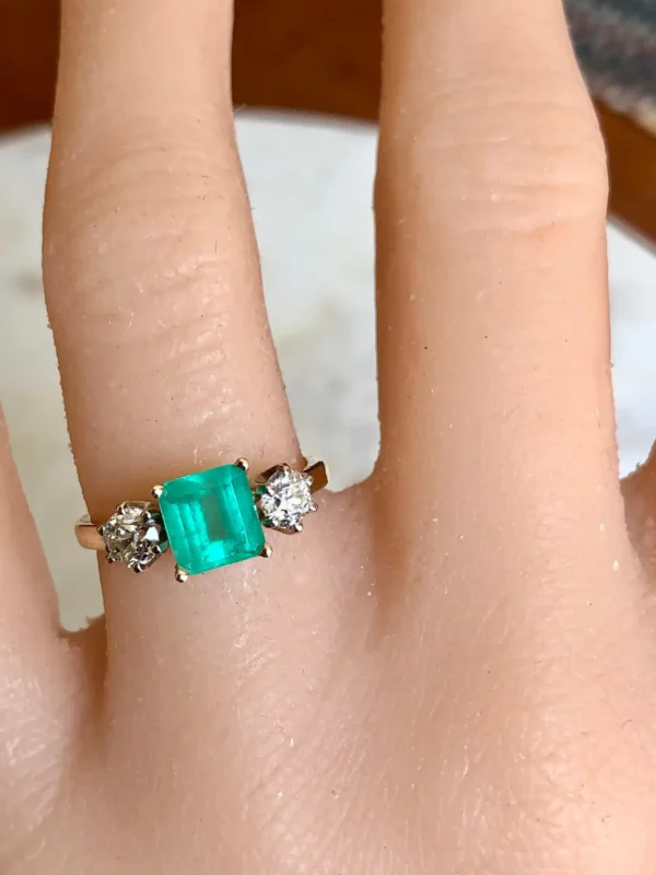 2.33 Carat Natural Colombian Emerald Old European Diamond Engagement Ring Gold - Image 3