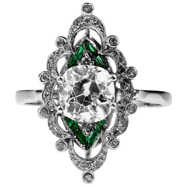 Antique Edwardian Old Cut Cushion Diamond 2.0cts & Emerald Ring in Platinum - Image 2