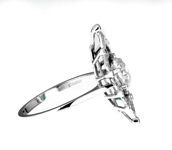 Antique Edwardian Old Cut Cushion Diamond 2.0cts & Emerald Ring in Platinum - Image 3