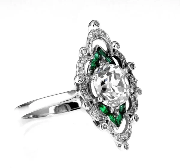 Antique Edwardian Old Cut Cushion Diamond 2.0cts & Emerald Ring in Platinum