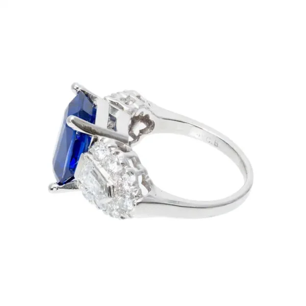 Art Deco 5.28 Carat Emerald Cut Sapphire Diamond Platinum Engagement Ring - Image 4