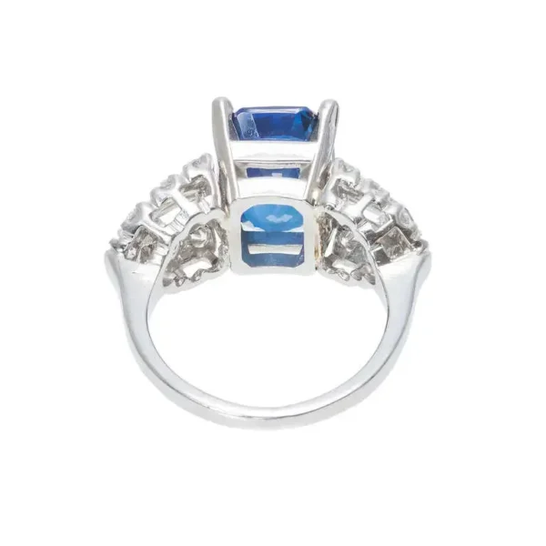 Art Deco 5.28 Carat Emerald Cut Sapphire Diamond Platinum Engagement Ring - Image 3