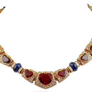 Bulgari Heart Shaped Ruby Diamond Sapphire Yellow Gold Necklace Set