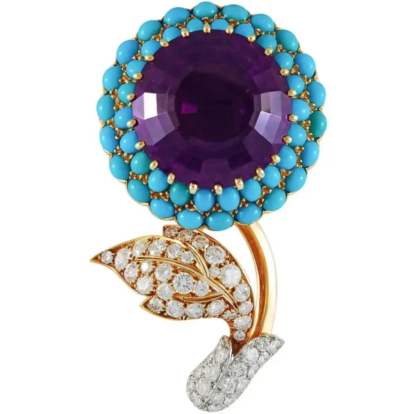 Cartier Paris Large Round Diamond Amethyst Turquoise Brooch