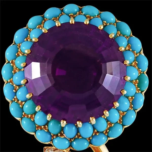 Cartier Paris Large Round Diamond Amethyst Turquoise Brooch - Image 2