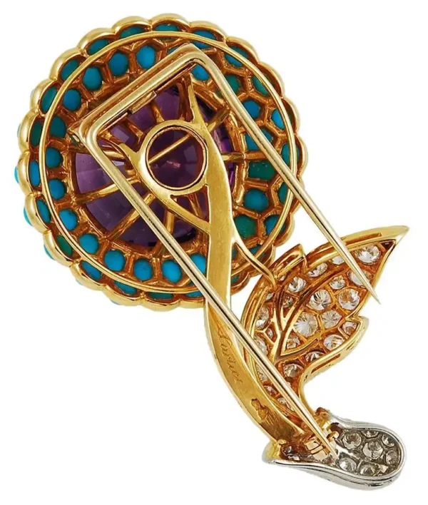 Cartier Paris Large Round Diamond Amethyst Turquoise Brooch - Image 3