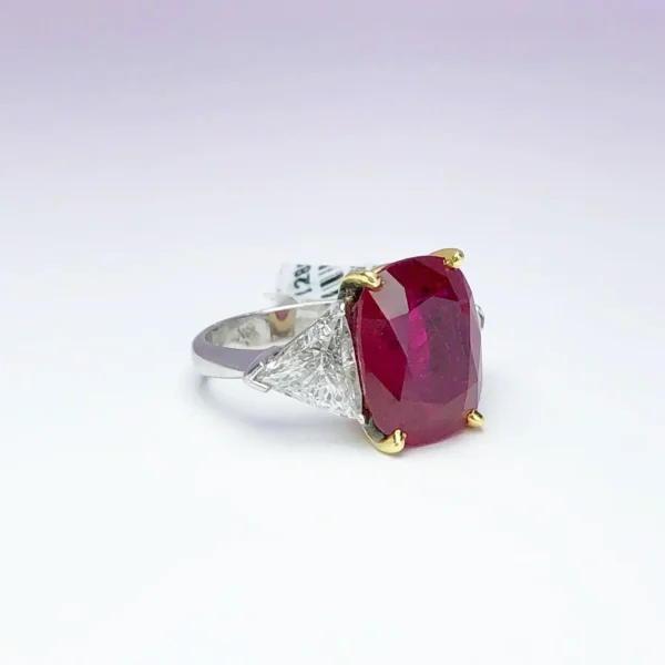 Cellini 13.26CT Cushion Burmese Ruby Three-Stone Ring with 2.37 Carat Diamonds - Image 6