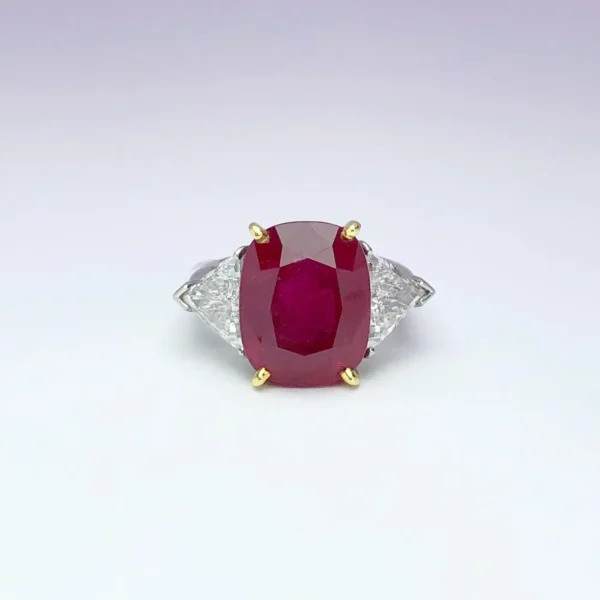 Cellini 13.26CT Cushion Burmese Ruby Three-Stone Ring with 2.37 Carat Diamonds - Image 5