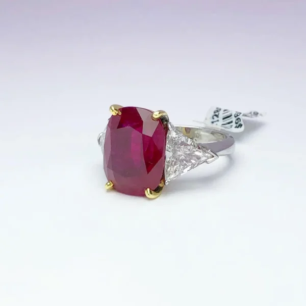 Cellini 13.26CT Cushion Burmese Ruby Three-Stone Ring with 2.37 Carat Diamonds - Image 4