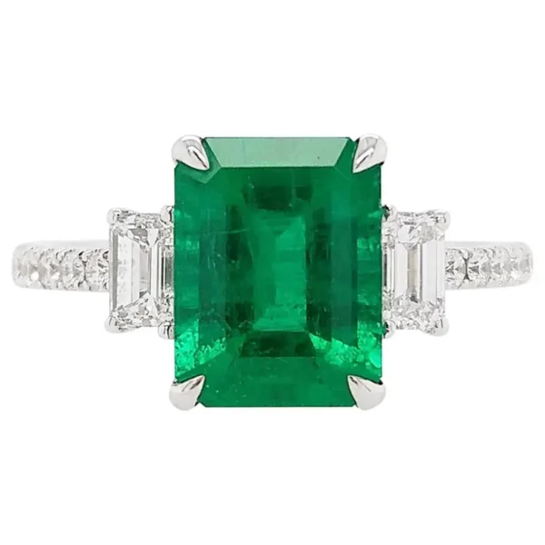 Certified Colombian Emerald White Diamond 18K Three-Stone Engagement Ring - Image 2