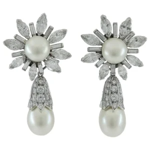 Diamond Natural Saltwater Pearl Platinum Earrings