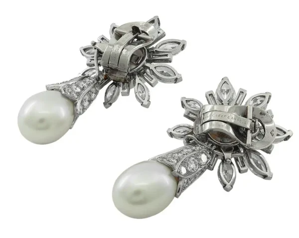 Diamond Natural Saltwater Pearl Platinum Earrings - Image 2