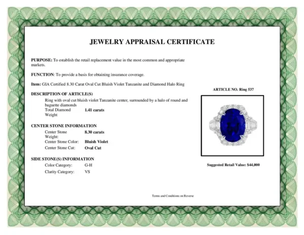 DiamondTown GIA Certified 8.30 Carat Oval Cut Bluish Violet Tanzanite Ring - Image 6