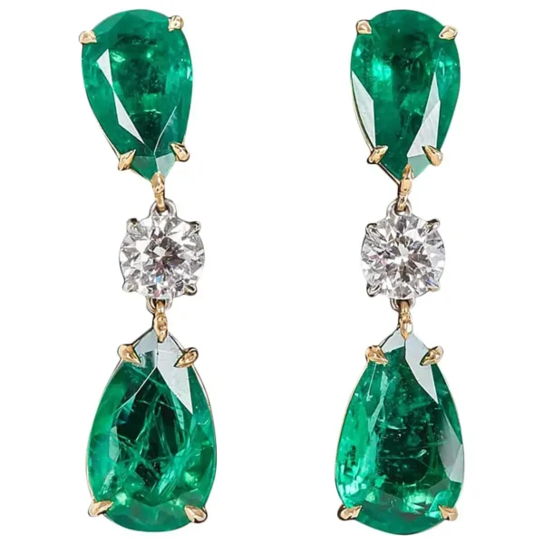 Elegant Green Emerald Diamond Gold Drop Earrings - Image 6