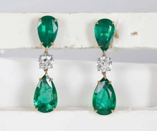 Elegant Green Emerald Diamond Gold Drop Earrings - Image 3