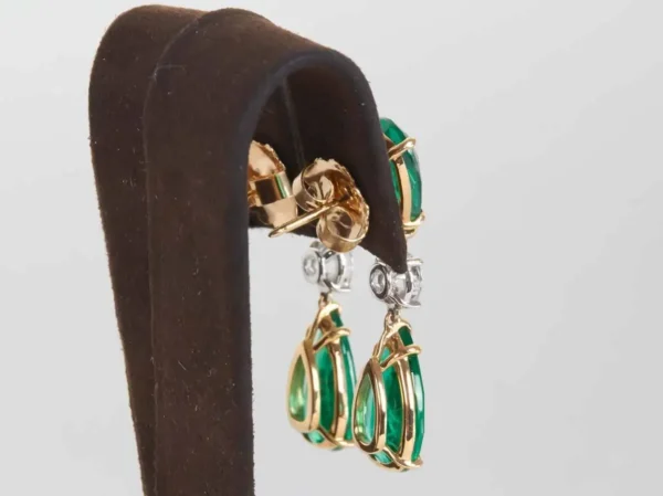 Elegant Green Emerald Diamond Gold Drop Earrings - Image 2