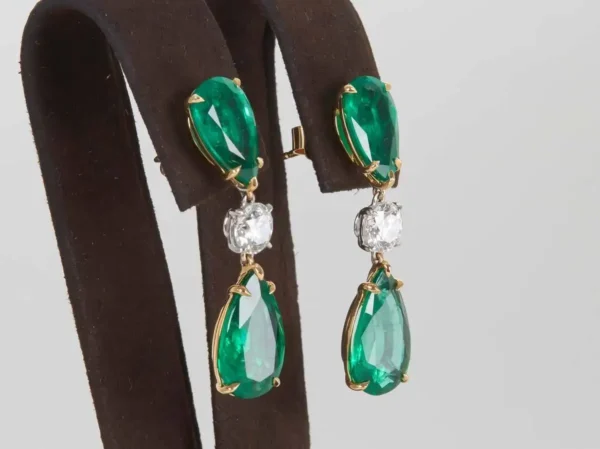 Elegant Green Emerald Diamond Gold Drop Earrings - Image 4