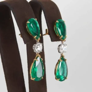 Elegant Green Emerald Diamond Gold Drop Earrings