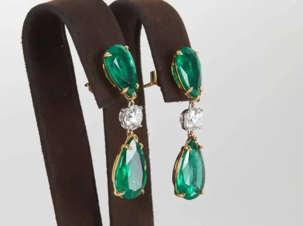 Elegant Green Emerald Diamond Gold Drop Earrings