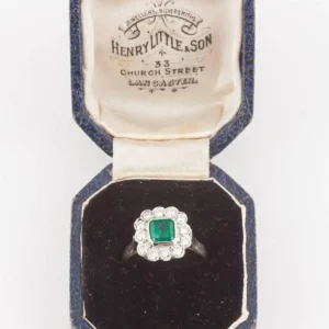 English Emerald and Diamond 18k Gold Cluster Ring, Mid 20th Century