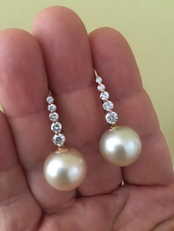 Estate South Sea Pearl Diamond Drop Earrings - Image 6