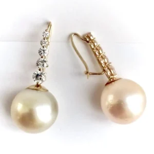 Estate South Sea Pearl Diamond Drop Earrings