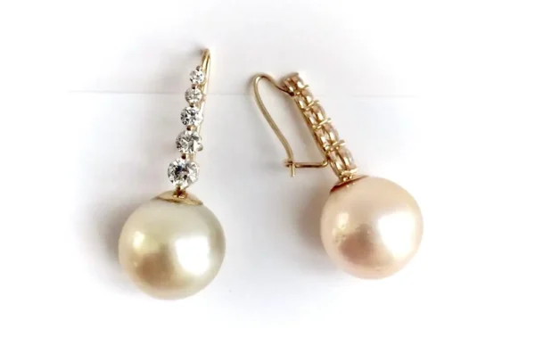 Estate South Sea Pearl Diamond Drop Earrings - Image 2