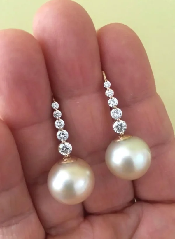 Estate South Sea Pearl Diamond Drop Earrings - Image 3