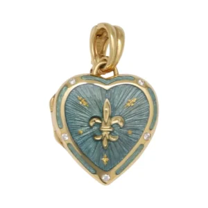 Fabergé 18k Yellow Gold Heart Locket Light Blue Enamel 4 Diamonds 0,075 Ct G/IF