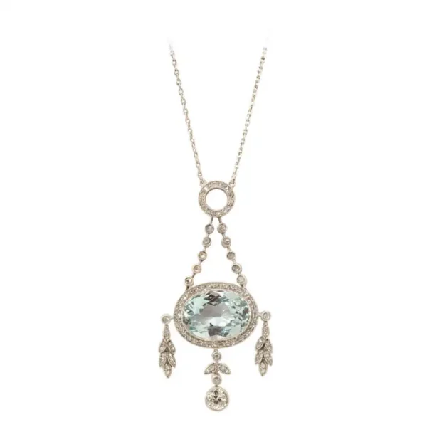 Fabergé Oval Cut Aquamarine Diamond Platinum Gold Pendant Necklace - Image 4