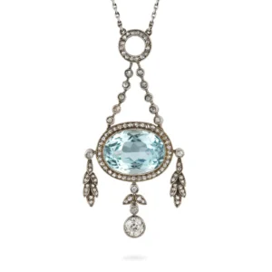 Fabergé Oval Cut Aquamarine Diamond Platinum Gold Pendant Necklace