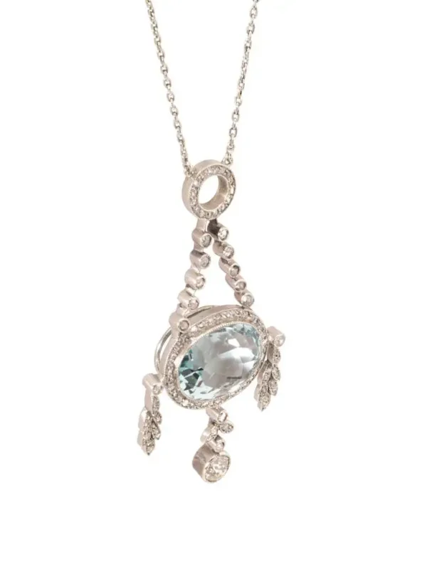 Fabergé Oval Cut Aquamarine Diamond Platinum Gold Pendant Necklace - Image 2