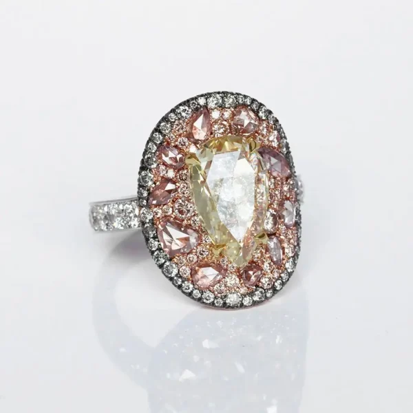 Fancy Yellow Pear Shape Rose-Cut Diamond Pink, Blue Diamond Ring GIA Cert. 3 Ct. - Image 2