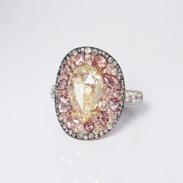 Fancy Yellow Pear Shape Rose-Cut Diamond Pink, Blue Diamond Ring GIA Cert. 3 Ct. - Image 7