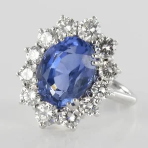 French 1960s No Heat 7.42 Carat Ceylon Sapphire Diamond White Gold Cluster Ring