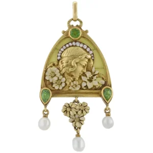 French Art Nouveau Peridot Diamond Gold and Plique-a-Jour ”Juliet” Pendant