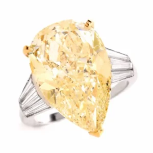 GIA 13.41 Carat Natural Fancy Pear Diamond with Baguette Platinum and Gold Ring