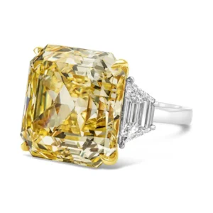 GIA Certified 30.02 Carat Fancy Intense Yellow Diamond Three-Stone Ring