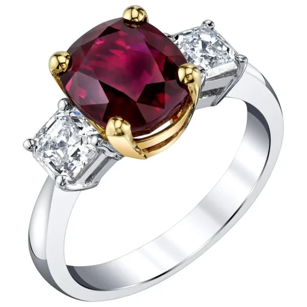 GIA Certified 4.00 Carat Pigeons Blood Burmese Ruby and Diamond 3-Stone Ring