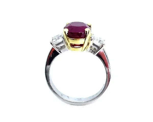 GIA Certified 4.00 Carat Pigeons Blood Burmese Ruby and Diamond 3-Stone Ring - Image 3