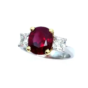 GIA Certified 4.00 Carat Pigeons Blood Burmese Ruby and Diamond 3-Stone Ring