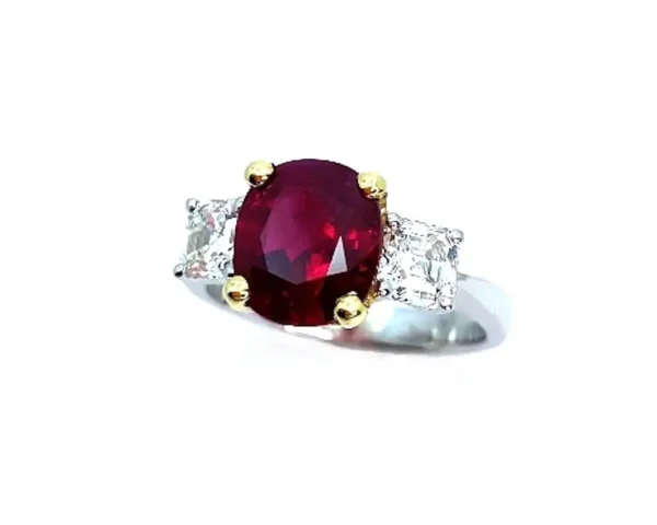 GIA Certified 4.00 Carat Pigeons Blood Burmese Ruby and Diamond 3-Stone Ring - Image 2