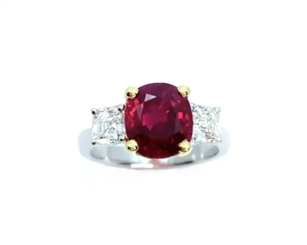 GIA Certified 4.00 Carat Pigeons Blood Burmese Ruby and Diamond 3-Stone Ring - Image 6