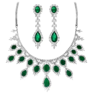 GIA Certified 65 Ct Emerald and Diamond Necklace and Earring Bridal Suite